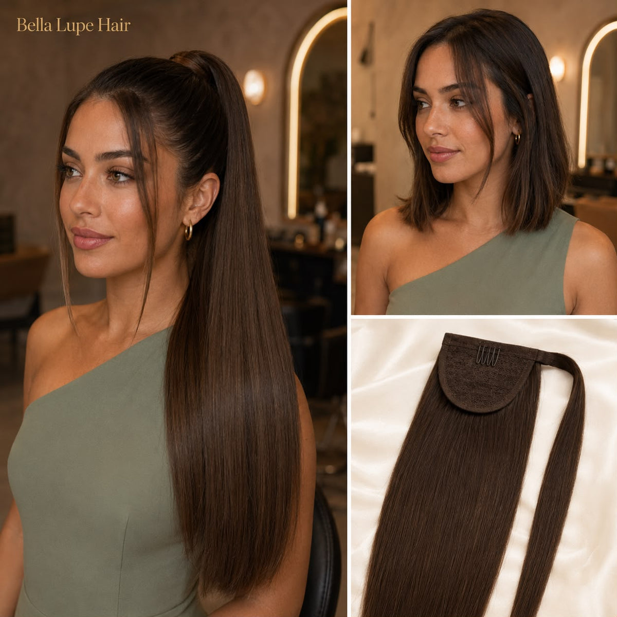 Coleta Lisa de Cabello Humano Remy con Cierre Envolvente